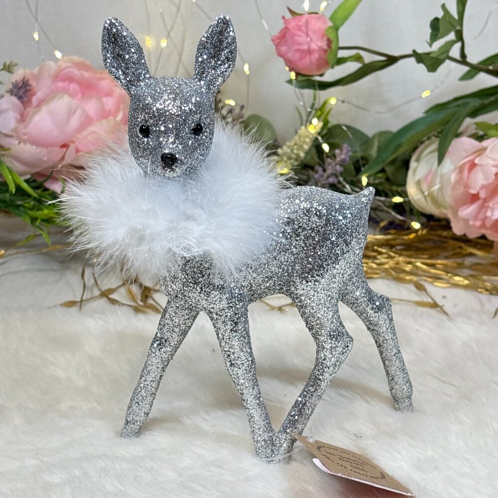 Ino Schaller Bayern Silver Glitter w/Feather Boa Woodland Deer Fawn Figurine NWT